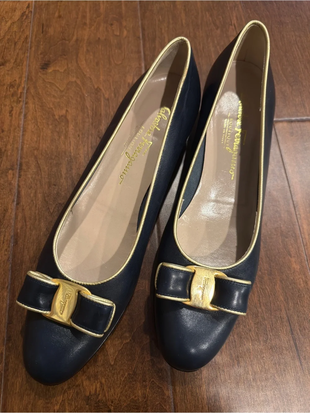 Salvatore Ferragamo Black Leather Vara Bow Flats with Gold Trim